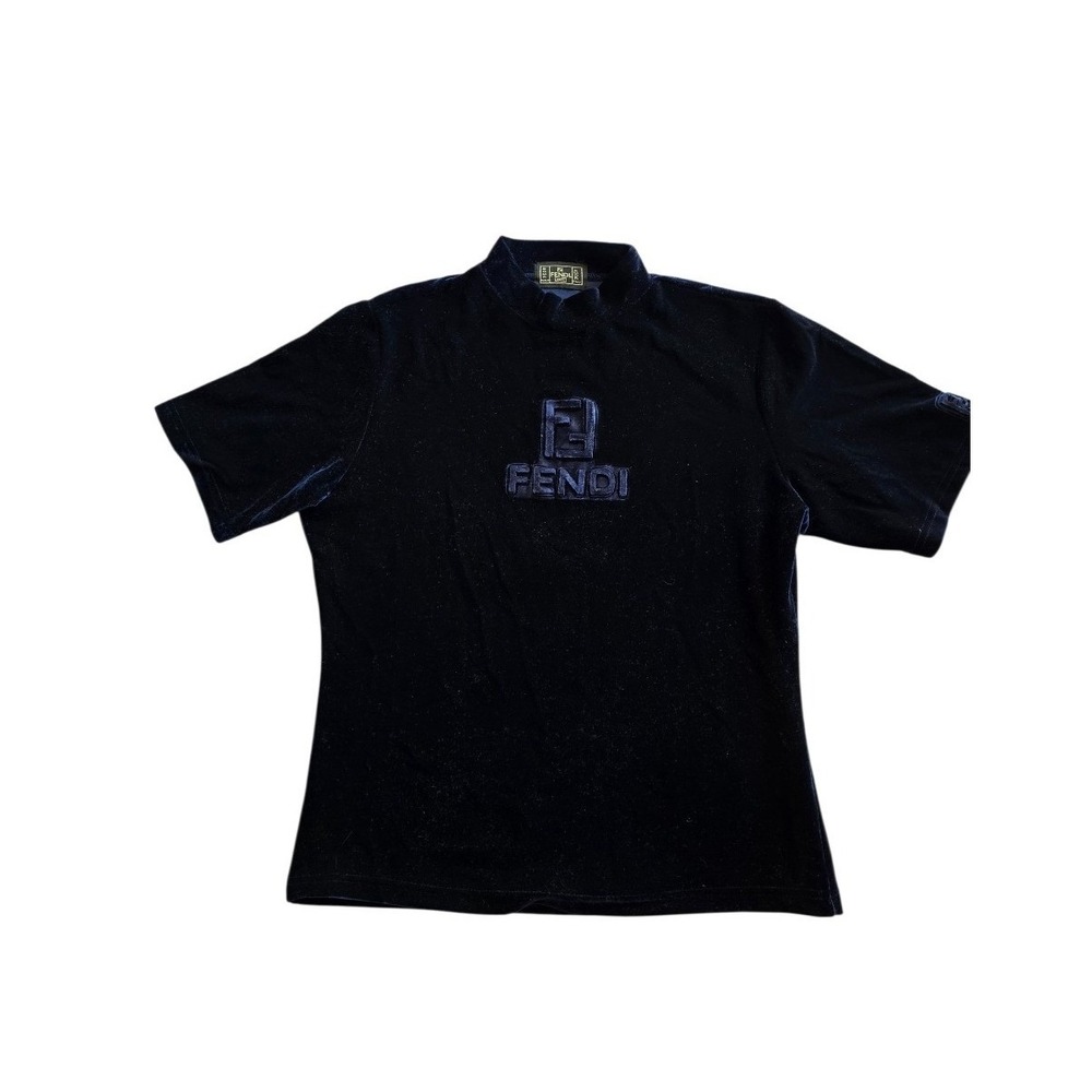 FENDI VTG Y2K Maximalist Velour Dark Purple Front Logo Short Sleeve‎ Top sz M-L